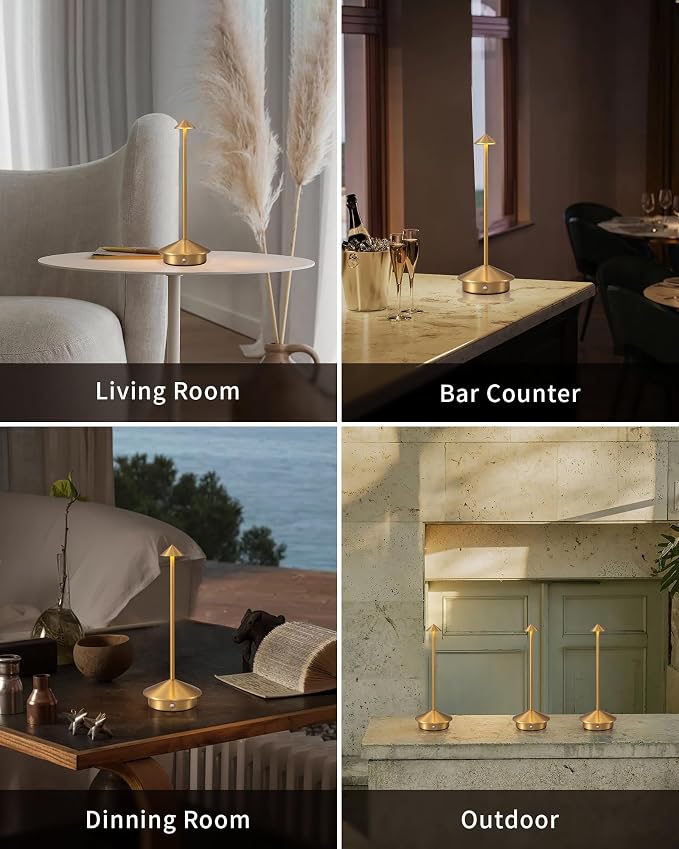 Modern Cordless Table Lamp Set of 2, Gold Portable LED Desk Lamps | 5000mAh, Rechargeable, Battery Operated Lighting for Bedroom, Dining Room, Restaurant, Coffee Shop, Camping, Night Light