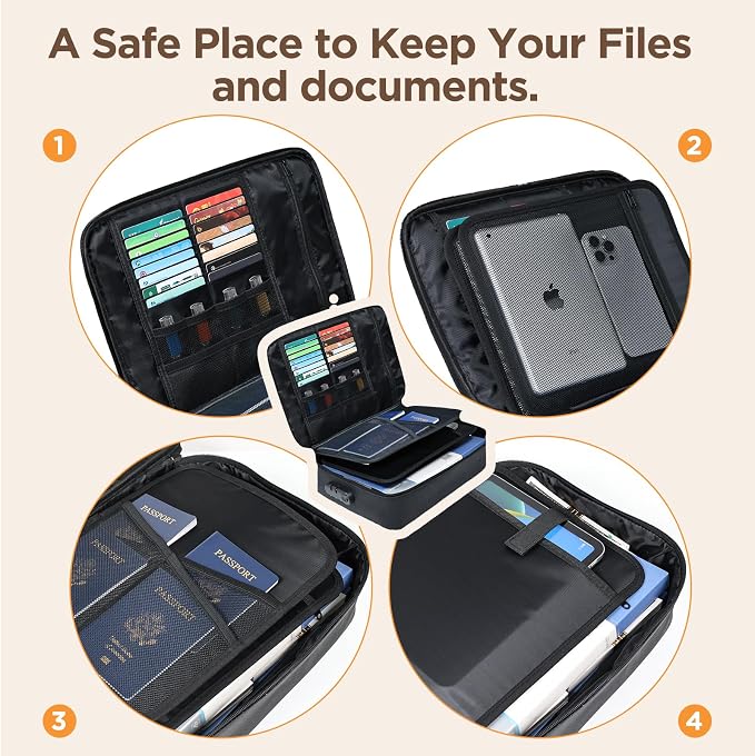 Document Bag with Lock, Fireproof File Storage Case with Water-Resistant, TENKER Organizer Box for Document, Safe Portable Travel Home Organizer for Laptop, Files, Certificates, Black(15''x11''x4'')