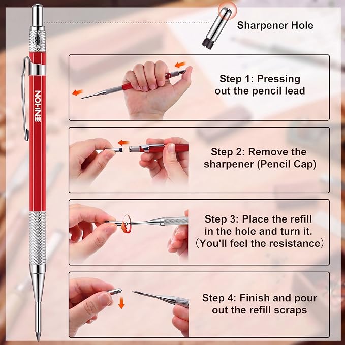 Enhon 2mm Carpenter Pencil Set with 12 Refills and Sharpener, Red | Woodworking Marking Tool Solid Deep Hole Construction Mechanical Pencil, Extended Needle-Nose Tip for Use in Jobs