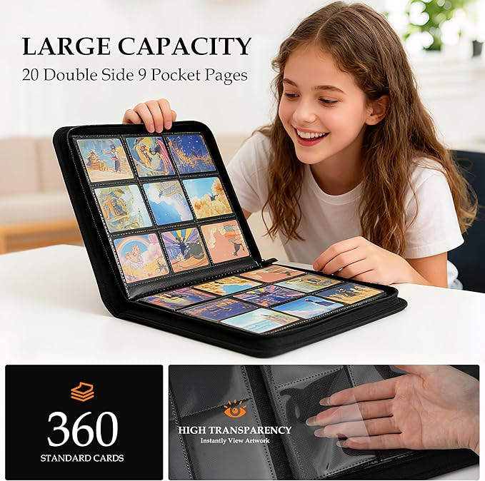 Trading Card Binder 9 Pocket - Premium Card Collection Binder for 360 Cards, Durable Side-Loading Card Album with Zipper, Perfect for TCG, MTG, and Sports Cards, Red