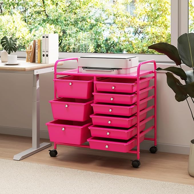 9 Drawer Rolling Storage Cart, Rolling Cart with Drawers for Classroom, Art Supply Craft Organizer on Wheel with Metal Frame & Handles for Home Office School