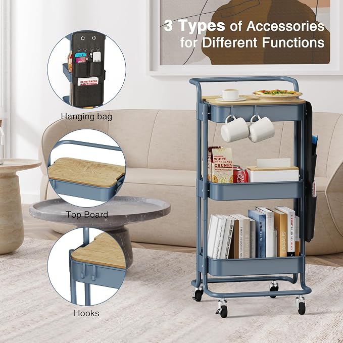 DTK 3-Tier Rolling Cart with Table Top, Metal Utility Cart with Side Bags | Tray Storage Organizer, Lockable Wheels, 4 Hooks, Art Cart for Kitchen, Bathroom, Office, Craft room, Living room, Blue