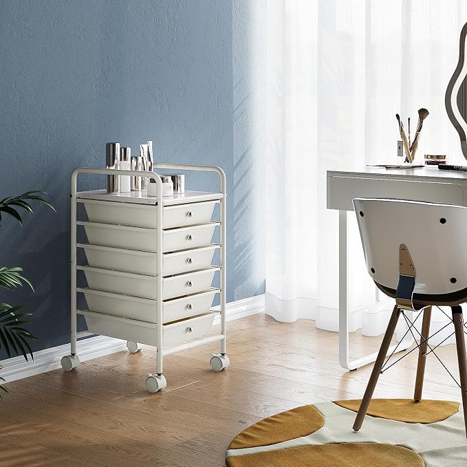 Rolling Storage Cart with Drawers 6-Tier Lock Wheels Office White | Utility Cart with 6 Drawers & 2 Lockable Caster, Multipurpose Mobile Drawer Cart for School Bathroom Kitchen