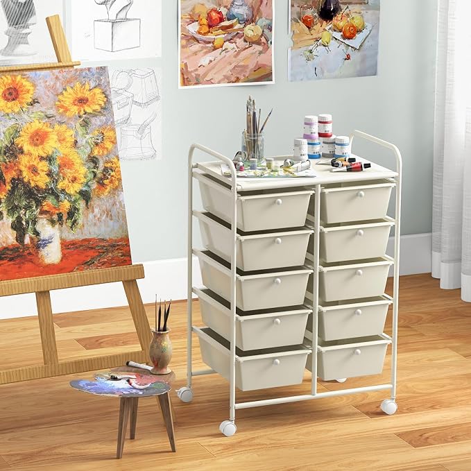 RELAX4LIFE 10 Drawer Storage Cart - Ivory Metal Frame Rolling Art Cart Organizer with Lockable Wheels, Utility Cart for Crafting Storage, Office, Home, School