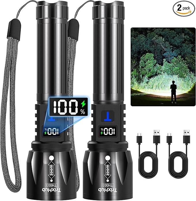 TrixHub Rechargeable Flashlights High Lumens 2Pack, 5Mode Flash Light with LCD Digital Display, Super Bright Adjustable Tactical Flashlight, High Powered LED Handheld Flashlight for Home