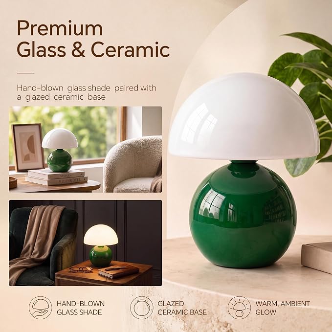 Mushroom Lamp Table Lamp for Bedroom-Small Table Lamps,Dark Green | 8.7" Mid Century Modern Table Lamps for Living Room Bedroom Decor,Cute Ceramic Lamps for Mushroom Home Room Decor,Glass Shade