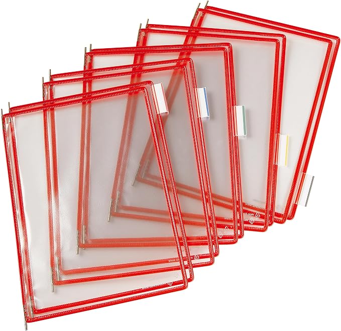 Tarifold Wall Mount Reference System, 10 Pockets, Expandable, Red | 10 double-sided PVC pockets hold 20 letter-size sheets, sturdy wall-mount bracket, snap-on index tabs, easy to install