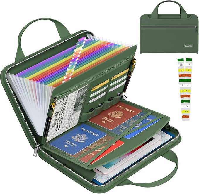 Tamfile Fireproof Accordion File Organizer, Expanding File Folder, Green | 13 Pocket Colorful, Handle, Zipper & Labels, Multi-Pockets Paper Organizer, for Letter A4 Files, Home, Office, School