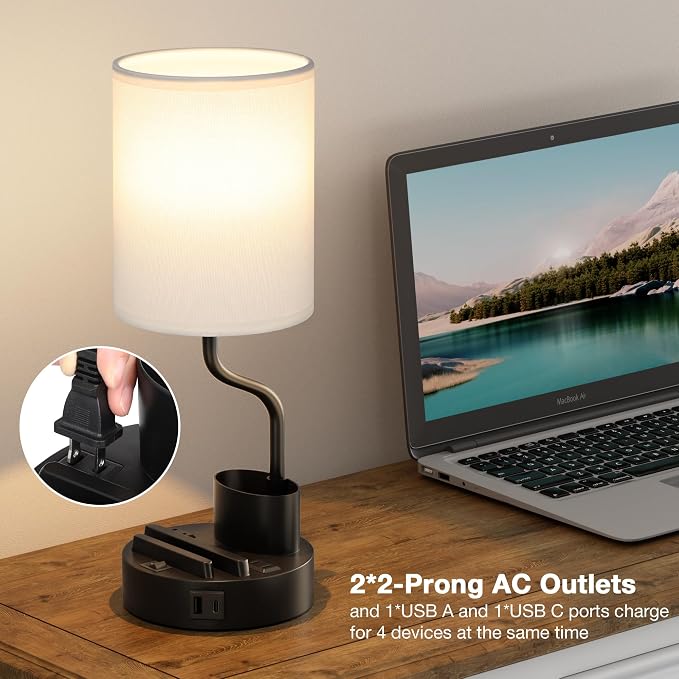 Bedside Lamps for Bedroom Set of 2 - Table Desk Lamp for Nightstand | 15" Table Lamp for Living Room with Pen Holder & Phone Stand, USB A+C Port, AC Outlet, 3 Color Temperature, LED Bulb Included