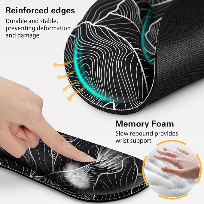 Mouse Pad Black, Ergonomic Keyboard Wrist Rest, Mouse Pad with Wrist Rest | Gaming Mousepad with Wrist Support, Memory Foam Wrist Rest Set for Computer Keyboard, Office Desk Accessories