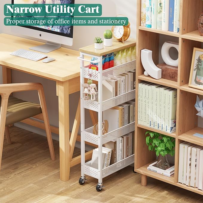 Slim Storage Cart 5 Tier Narrow Kitchen Rolling Cart on Wheels for Small Space, Metal Utility Cart Narrow Bathroom Storage Cabinet Mobile Shelf Unit Organizer with Wood Top and Handle, White