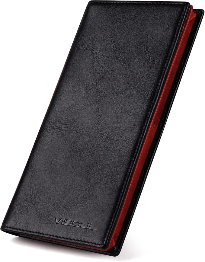 VISOUL Leather Checkbook Cover Wallet for Men with RFID Blocking, Mens Long Bifold Cash Tall Wallet with 11 Credit Card Slots 1 ID Window (Black and Burgundy)