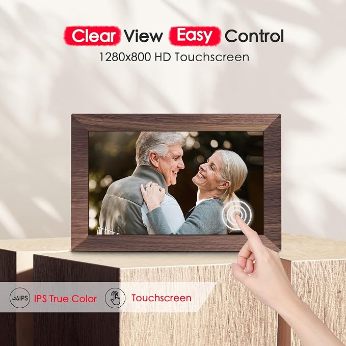 Frameo 10.1" Digital Picture Frame WiFi Wood, 1280 * 800 IPS HD Touchscreen, 32GB Storage, Instant Share Pictures Video, Smart Photo Frame Electronic, Gifts for Mom, Grandma, Woodgrain