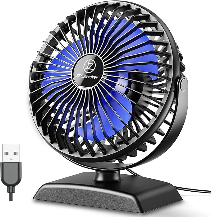 JZCreater USB Desk Fan, 360 Rotation Personal Cooling Fan with 3 Speeds, Quiet, Small, USB Powered for Home, Office, Bedroom, Car, Travel, Black