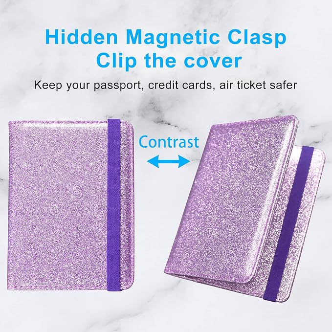 ACdream Passport Holder Cover, Leather Travel Wallet Case, RFID Blocking Document Organizer Protecrtor, with Slots for Credit Cards, Boarding Pass, for Women and Men, Glitter Purple