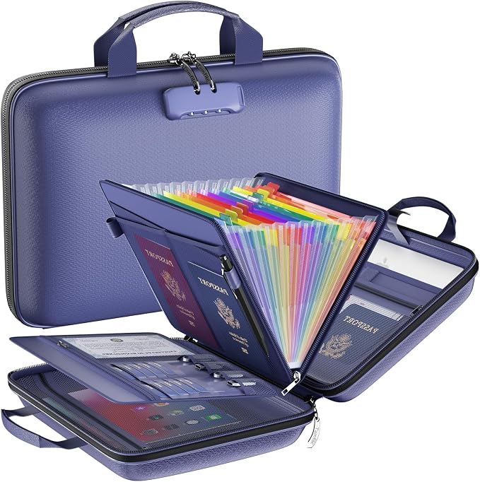 Tamfile Fireproof File Organizer with Lock,Hard Case Fireproof Document Box | 13 Colour Pockets Accordion File Folder, Office Home Important Document Organizer for Letter A4 Files Laptop Passports,Blue