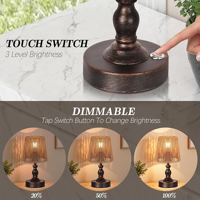 Mini Cordless LED Table Lamp, 5200mAh Rechargeable Battery Operated Lamp, 3-Level Brightness, Touch Dimmable Desk Lamp, Bedside Night Light with Rattan Shade, Oil Rubbed Bronze