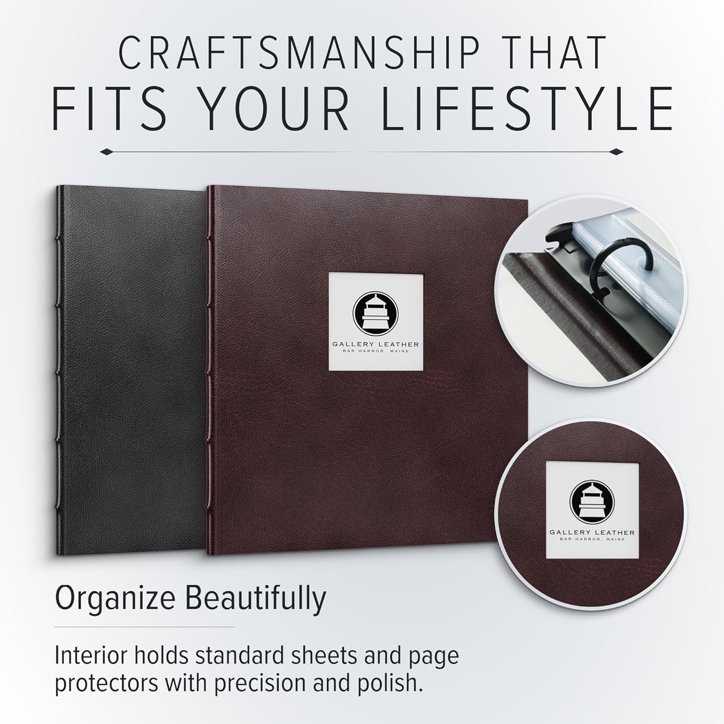 Gallery Leather 3 Ring Binder with Plastic Sleeves, Includes 10 Sheets, Sheet Size: 8.5" x 11" - Presentation Binder Rings with Window and Hubbed Spine, Thick: 0.75" Freeport Black