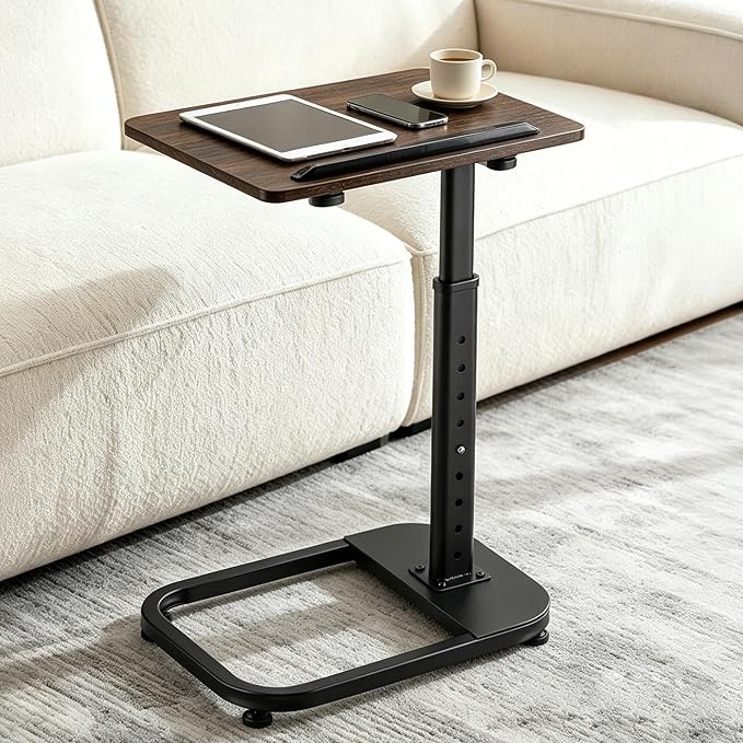 facka Adjustable Height TV Tray Table for Couch Eating, Laptop Small Spaces | C Shaped Flip-Top Couch Table, 9-Level 20-31 in Height Range, Rounded Corners, Sofa Side Table Brown