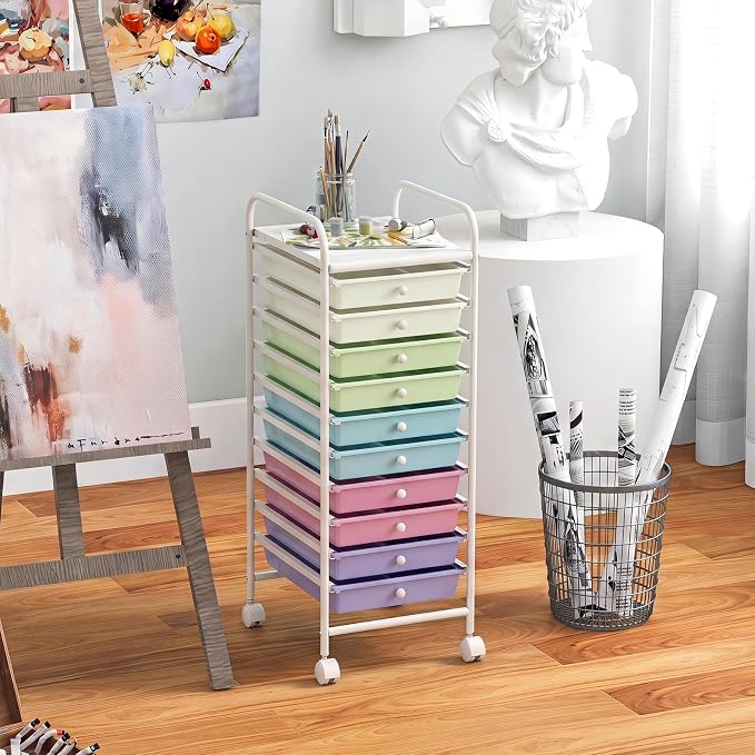 GIANTEX 10 Drawer Storage Cart, Rolling Craft Cart w/Metal Tabletop | Mobile Utility Organizer Trolley with Locking Wheel, Storage Drawer Unit for Home Office, Play Room, Pastel Ice Cream