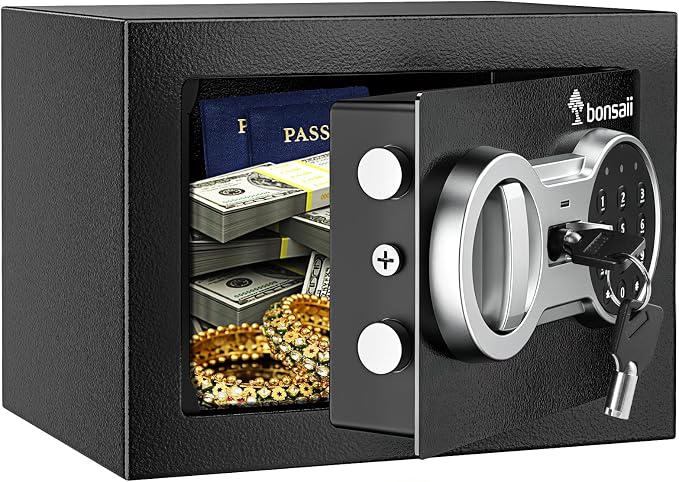 Bonsaii Safe Box with Electronic Keypad, Steel Security Lock Box with Key, 0.23 Cubic Feet, 9.06" W x 6.69" D x 6.69" H, Small Hidden Safe for Cash Jewelry | SPHC steel, 2 reinforcement bolts & hidden hinges, USB-C backup power, 9.06"x6.69"x6.69", fits...