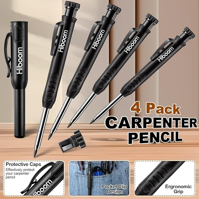 Hiboom 4 Pack Carpenter Pencil with 36 Refills Built In Sharpener (Black) | Concrete Wood Metal, Deep Marking, Multi-Color Refills, 2.8mm Lead, Construction Work, Waterproof, Carpenter Builder DIY