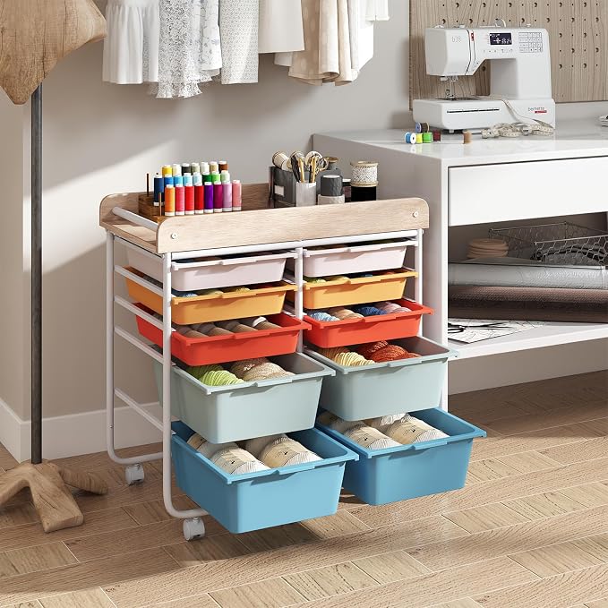 Giantex Rolling Storage Cart with 10 Drawers, Utility Cart w/Wooden Tabletop, Handle, Lockable Wheels, Multipurpose Organizer for Art Craft Scrapbooks Paper, Drawer Carts for School Office, Macaron