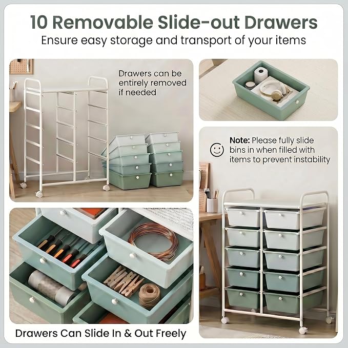 COSTWAY 10 Drawer Rolling Storage Cart, Utility Cart with Lockable Wheels | Mobile Art Supply Craft Organizer with Metal Frame, Multipurpose Drawer Cart for Paper for Office, School, Green Gradient