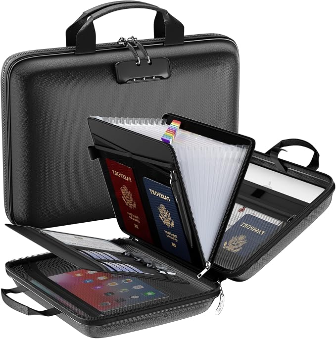 Tamfile Fireproof File Organizer with Lock,Hard Case Fireproof Document Box | 13 Transparent Pockets Accordion File Folder, Office Important Document Organizer for Letter A4 Files Laptop Passports, Black