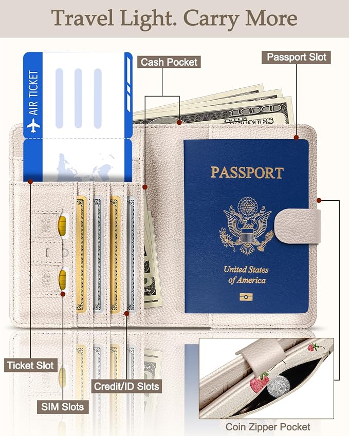 Slohif Airtag Passport Holder Cover Wallet Case for Travel Women - Leather RFID Blocking Passport Book Multiple Personalized Organizer Slim Portable Carrier Card Slots Protector Sleeve Stamp