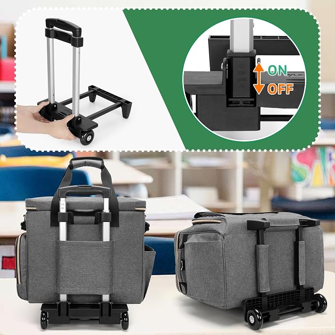 LUXJA Rolling Teacher Bag with Wheels and 15.6" Laptop Compartment, Gray | Rolling Briefcase for Women with Accordion File Area, Teacher Tote Bag for Work with Detachable Dolly and Shoulder Strap