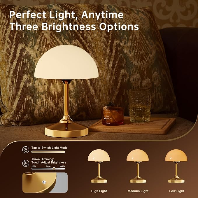 Mushroom Lamp Cordless Lamp Table Lamp,Outdoor Waterproof Shower Lamps,5000mAh Rechargeble Battery Operated Dimmable Touch Desk Lamps,LED Night Light for Bathroom Patio Camping Outdoor(Gold)