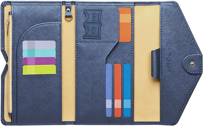 Passport Holder Travel Wallet Organizer for Women,Navy Blue | RFID secure, 6 card slots, 42 sim pockets, passport holder with zip-around wallet, slim fit for women travelers.