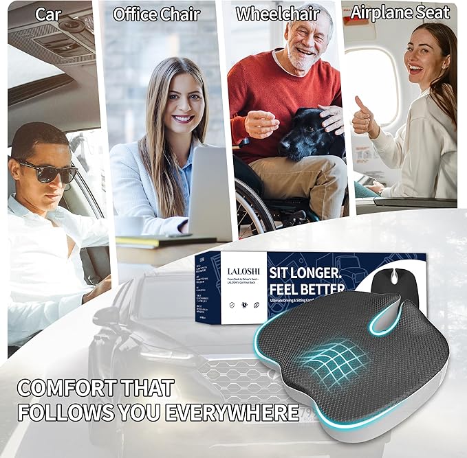 Office Chair Cushion with Coccyx Cutout & U-Shape Design, 2.8" Memory Foam for Back Pain Relief - Ergonomic Seat Pad, Removable Cover, Universal Fit