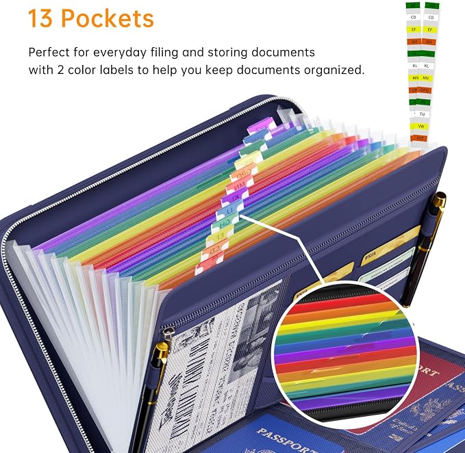 Tamfile Fireproof Accordion File Organizer, Expanding File Folder, Blue | 13 Pocket Colorful, Handle, Zipper & Labels, Multi-Pockets Paper Organizer, for Letter A4 Files, Home, Office, School