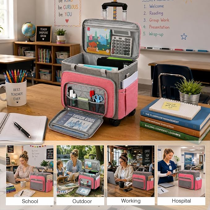 Rolling Teacher Bag With Wheels, Tote Organizer With Detachable Trolley