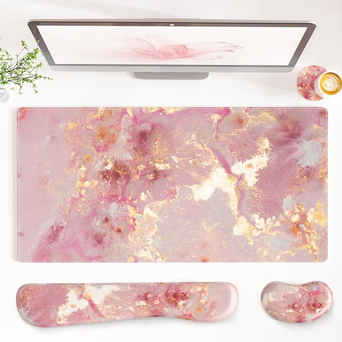 QIYI PU Leather Desk Mat Set, 4-in-1 Ergonomic Wrist Rest, Pink Marble | Waterproof Large Mouse Pad 31.5×15.7 + Keyboard Wrist Rest + Mouse Wrist Support+Coaster, Non-Slip Office Gaming Accessories