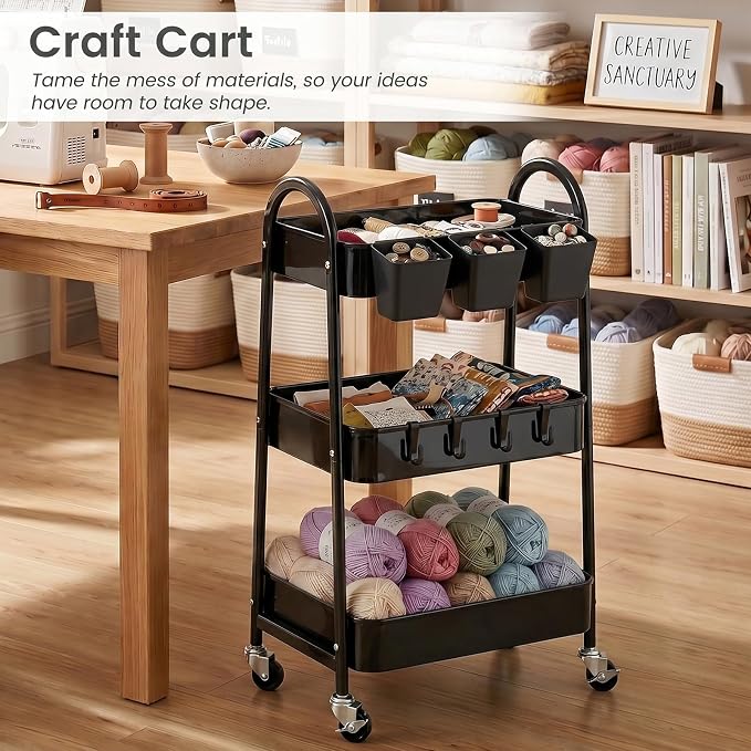 3-Tier Rolling Cart, Utility Cart Mobile Metal Rolling Storage Cart with Lockable Wheels & Hanging Cups & Hooks for Kitchen, Bathroom, Office, Workshop, Black