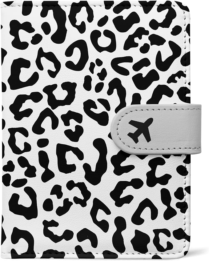 Passport Holder, Cute Travel Wallet Cover with RFID Blocking,Leopard | PU leather travel wallet with magnetic closure, card slots, pen loop, and easy access for passports and essentials.