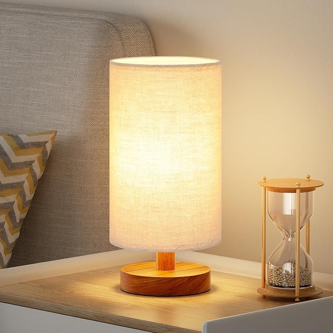 Small Table Lamps (Beige Shade - Walnut Base, 9" Inline Control) | 3000K LED Blub Included | 680 Lumens | Easy Assembly | Minimalist Design | E26 | for Kitchen | for Kids Room