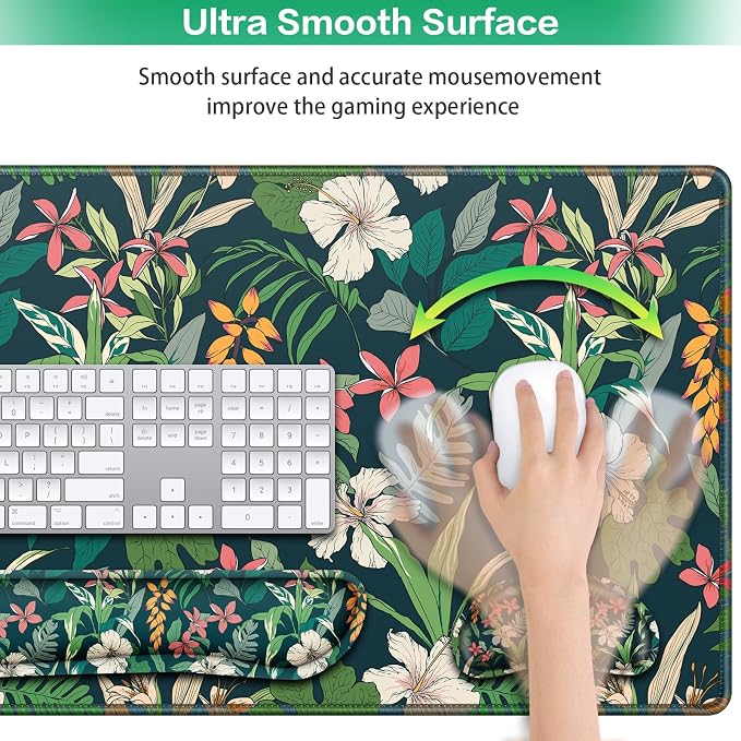 Desk Mat Floral, Large Gaming Mouse Pad with Wrist Rest, 4in1 XXL | Mousepad+Keyboard Wrist Rest+Mouse Pad Wrist Support+Cup Coaster Set Ergonomic Computer Desk Arm Wrist for Decor Office Women