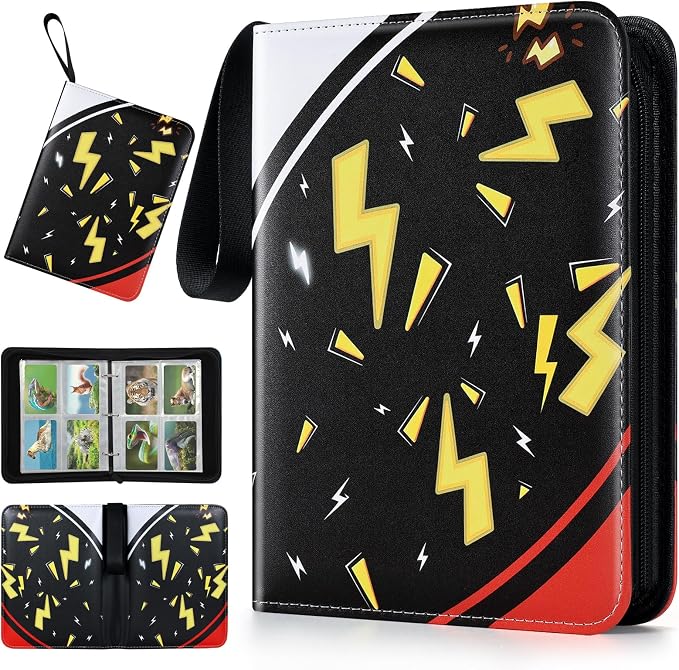 Trading Card Binder, 4 Pocket 400 Cards Holder with 50 Removable Sleeves Display Storage Collector Album Compatible with Pokemon Cards Football TCG Game Sports Cards Black Red