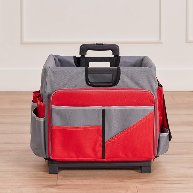 ECR4Kids Universal Rolling Cart with Canvas Organizer Bag, Mobile Storage, Red/Grey | Durable plastic, 30 compartments, adjustable handle, 40 lb capacity, collapses to 3" thick, rolling wheels for easy transport