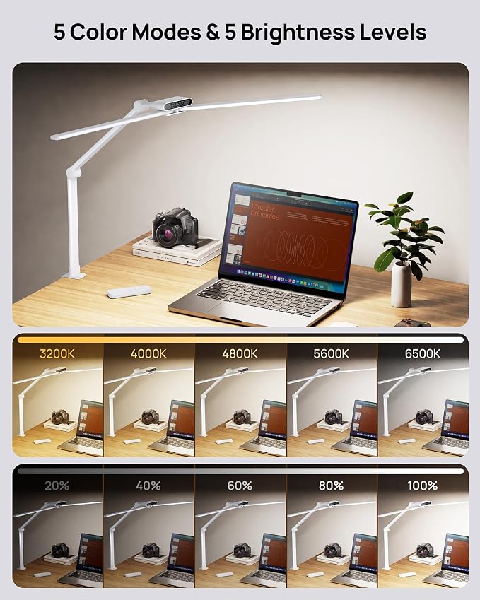 TROND LED Desk Lamp with Clamp, 29.55'' Tall Desk Light with Remote, White | 1500LM Bright Table Lamp, Swing Arm Clip on Light, Eye-Caring, Touch Control Dimmable for Home Office Monitor Reading