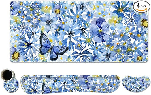 ToLuLu Gaming Mouse Pad, Ergonomic Keyboard Mouse Wrist Rest Support Set | Large Extended Desk Mat with Stitched Edges, Non-Slip Base Memory Foam Mousepad for Home Office Game Study, Butterfly Flower