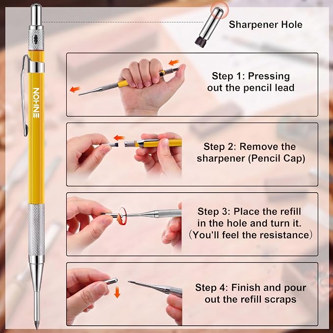 Enhon 2mm Carpenter Pencil Set with 12 Refills and Sharpener, Yellow | Woodworking Marking Tool Solid Deep Hole Construction Mechanical Pencil, Extended Needle-Nose Tip for Use in Jobs