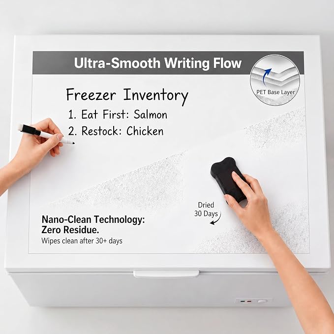 Magnetic Whiteboard Sheet for Freezer: Large Food Inventory Tracker | Oversized Cut-to-Fit Dry Erase Surface for Bulk Groceries - 36" x 24" Fridge Organizer Covers Old Appliance Surfaces