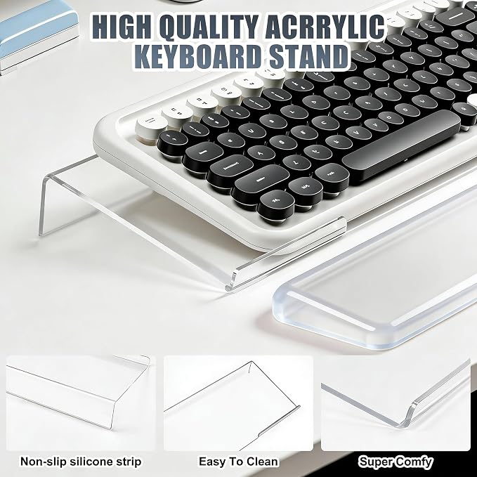 Acrylic Computer Keyboard Stand with Gel Wrist Rest Set-(Clear White Set) | Keyboard Riser for Desk Easy Typing with Gel Keyboard Wrist Pad, Anti-Slip Comfort Jelly Clear Wrist Rest Relief Pain