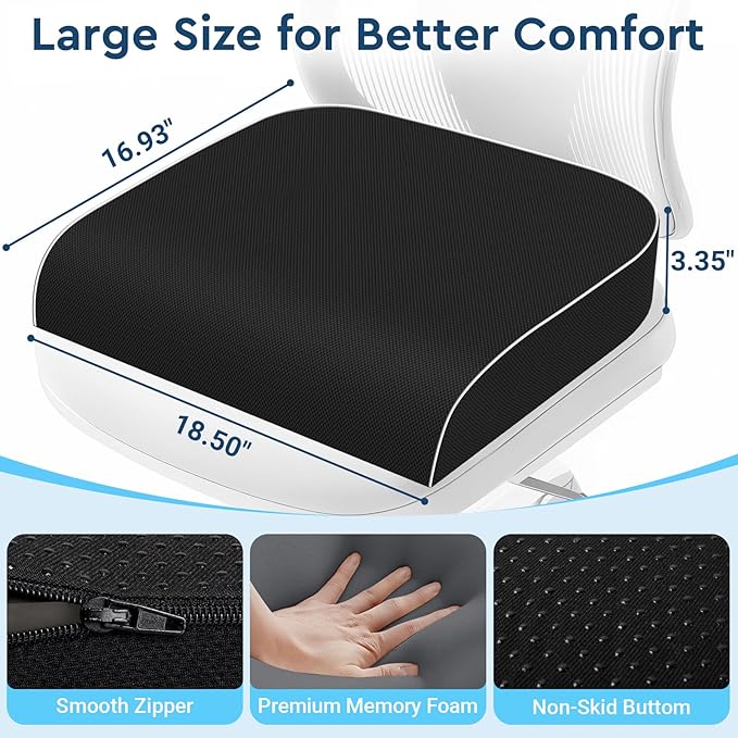 Seat Cushion, Memory Foam Office Chair Cushions for Long Sitting Hours, Chair Pad for Sciatica, Coccyx, Tailbone, Hip Pain & Pressure Relief, Office, Home,Car Seats,Airplane, Black/X-Large