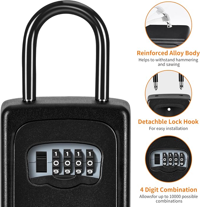 Wall Mounted, Portable Lock Box for House, 5 Key Capacity, Weatherproof Resettable Code House Key Safe Security Lock Box for Outside Realtors Garage Spare (2 Pack, Black)